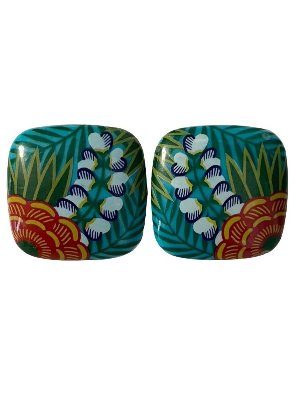 Vintage Floral Pierced Earrings Teal Green Red Tropical Leaf Square Statement Re